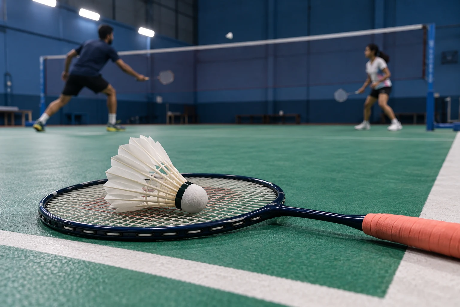 A feather shuttlecock and racket on a green court